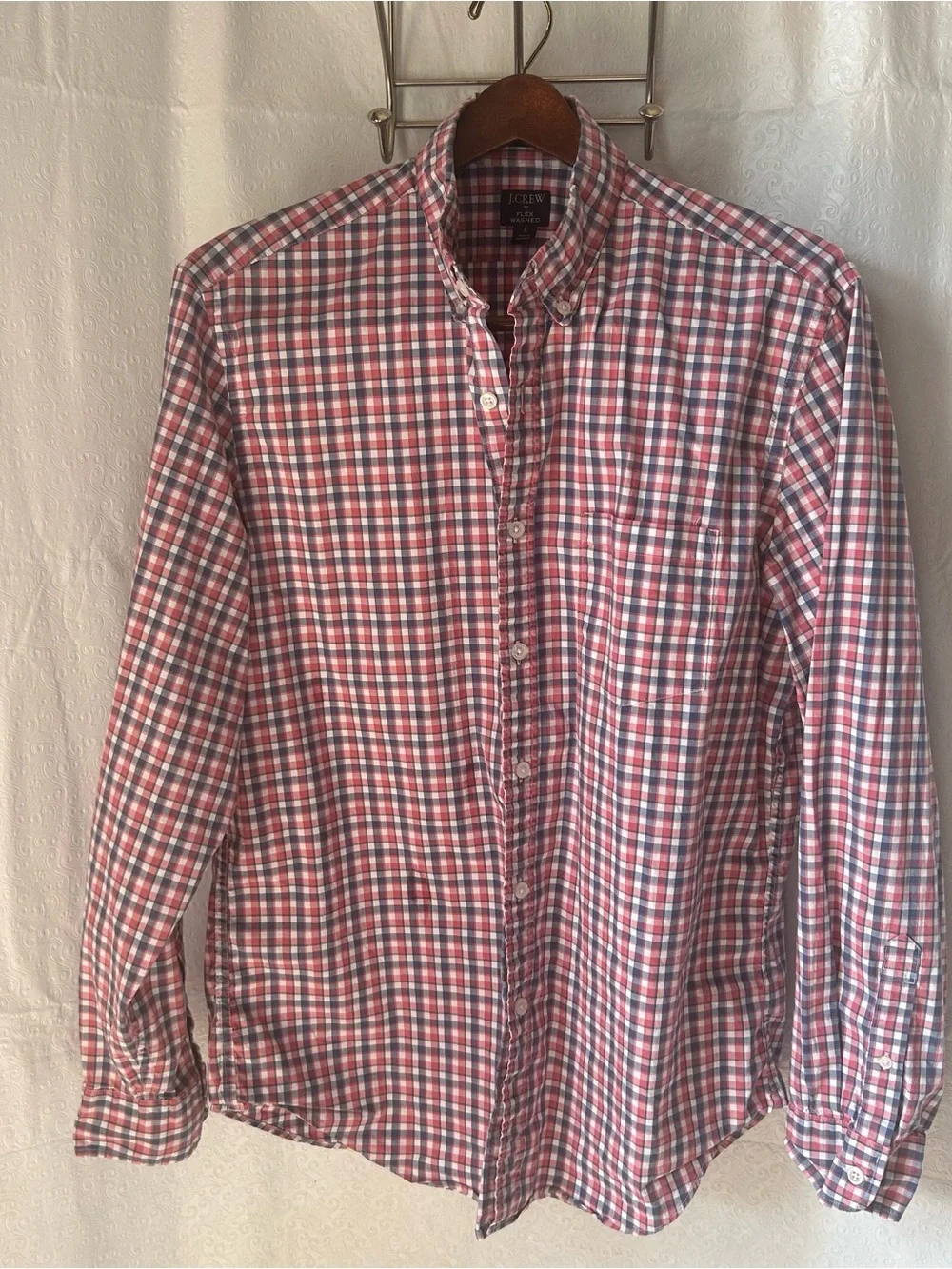 J CREW Flex Washed Shirt Button-Up Long Sleeve Collar Red White Blue Plaid Sz L